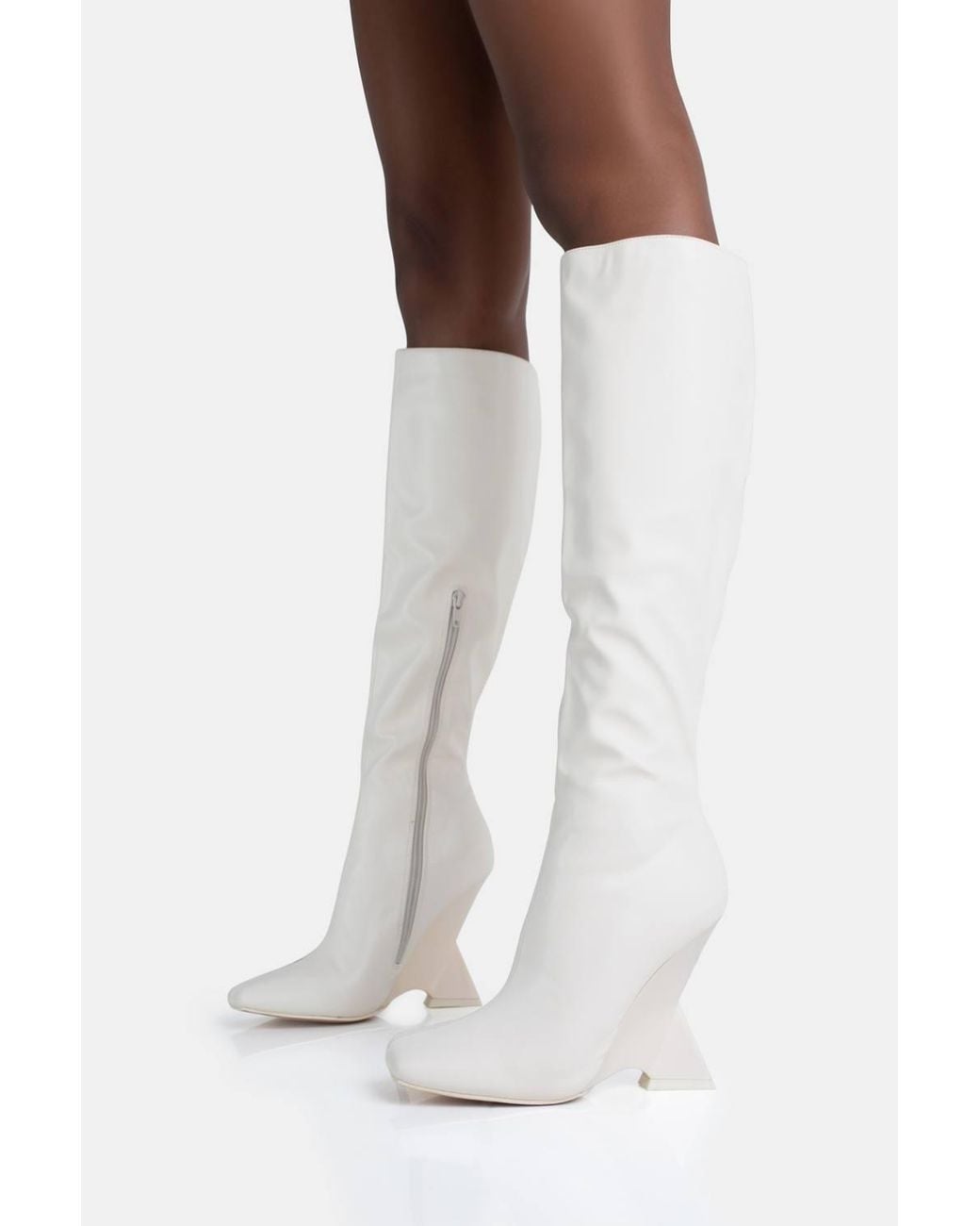 Public Desire White Vanessa Pu Inverted Wedge Square Toe Heeled Knee High Boots