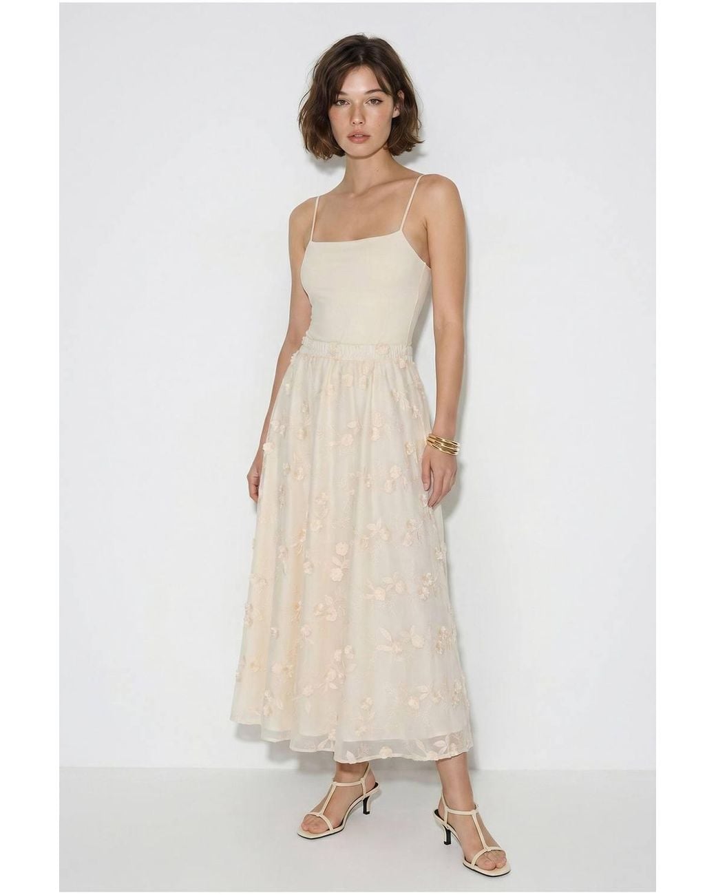 Bianco Lucci White Embroidered High-Waist Midi A-Line Skirt