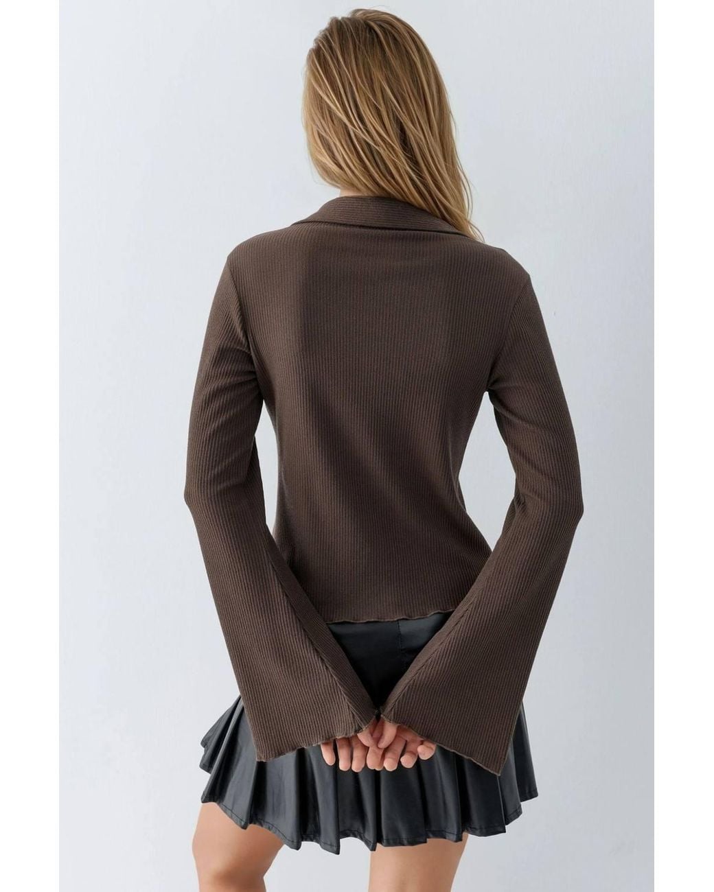 Hiccup Black Long Sleeve Textured Blouse With Button Closure