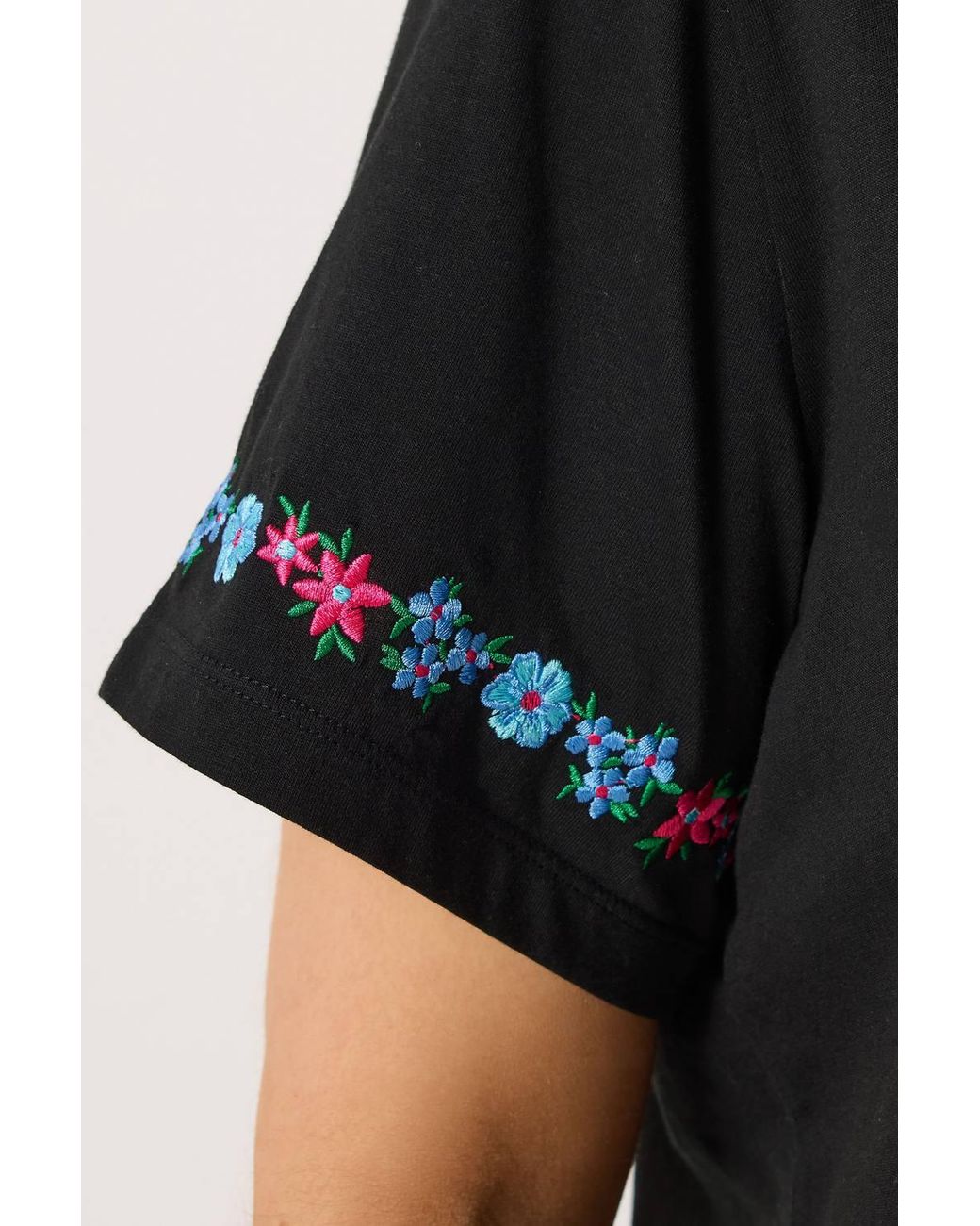 Yours Black Embroidered Floral Sleeve Detail T-Shirt