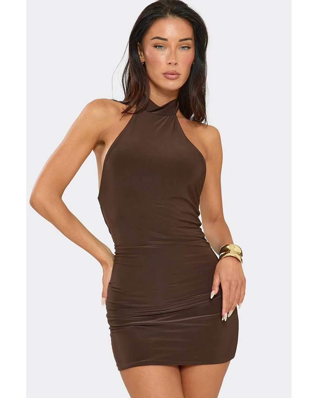 EGO Brown Body Contouring Sleeveless Open Back Slinky Mini Dress