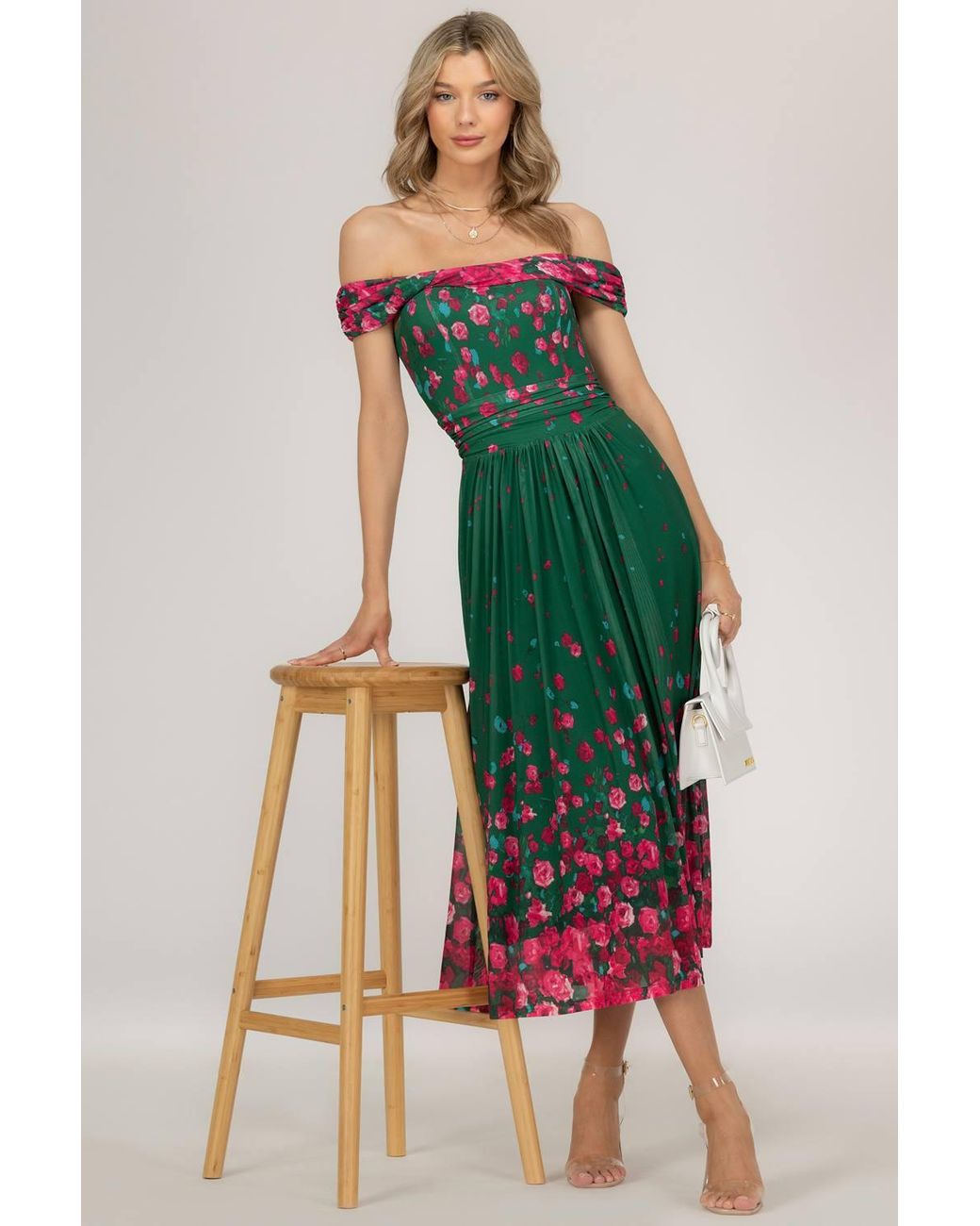 Jolie Moi Green Oliana Mesh Bardot Neckline Dress