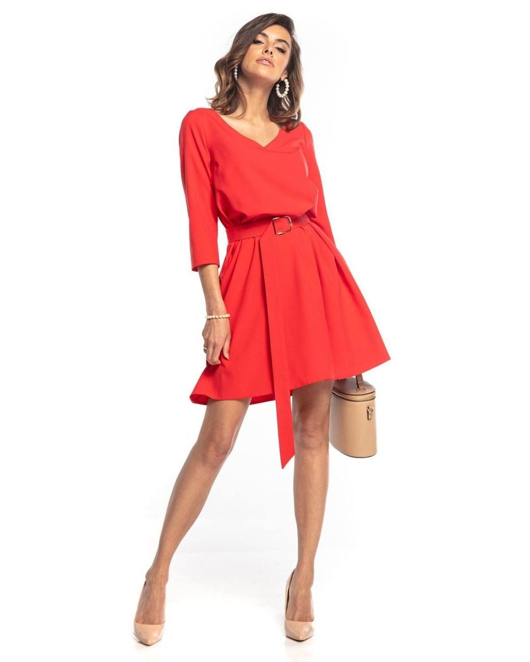 Love Lace Red Trapeze Dress 3/4 Sleeves Belt
