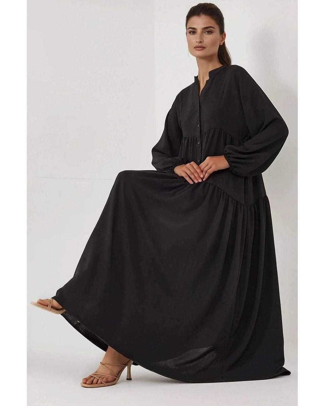 Hiccup Black Textured V-Neck Maxi Dress With Button Detail