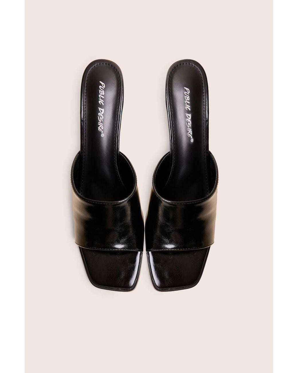 Public Desire Black Romi Patent Mule Square Toe Flared Block Mid Heels