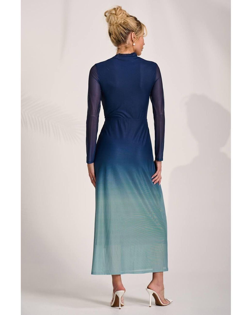 Jolie Moi Blue Petite Long Sleeve Mesh Maxi Dress
