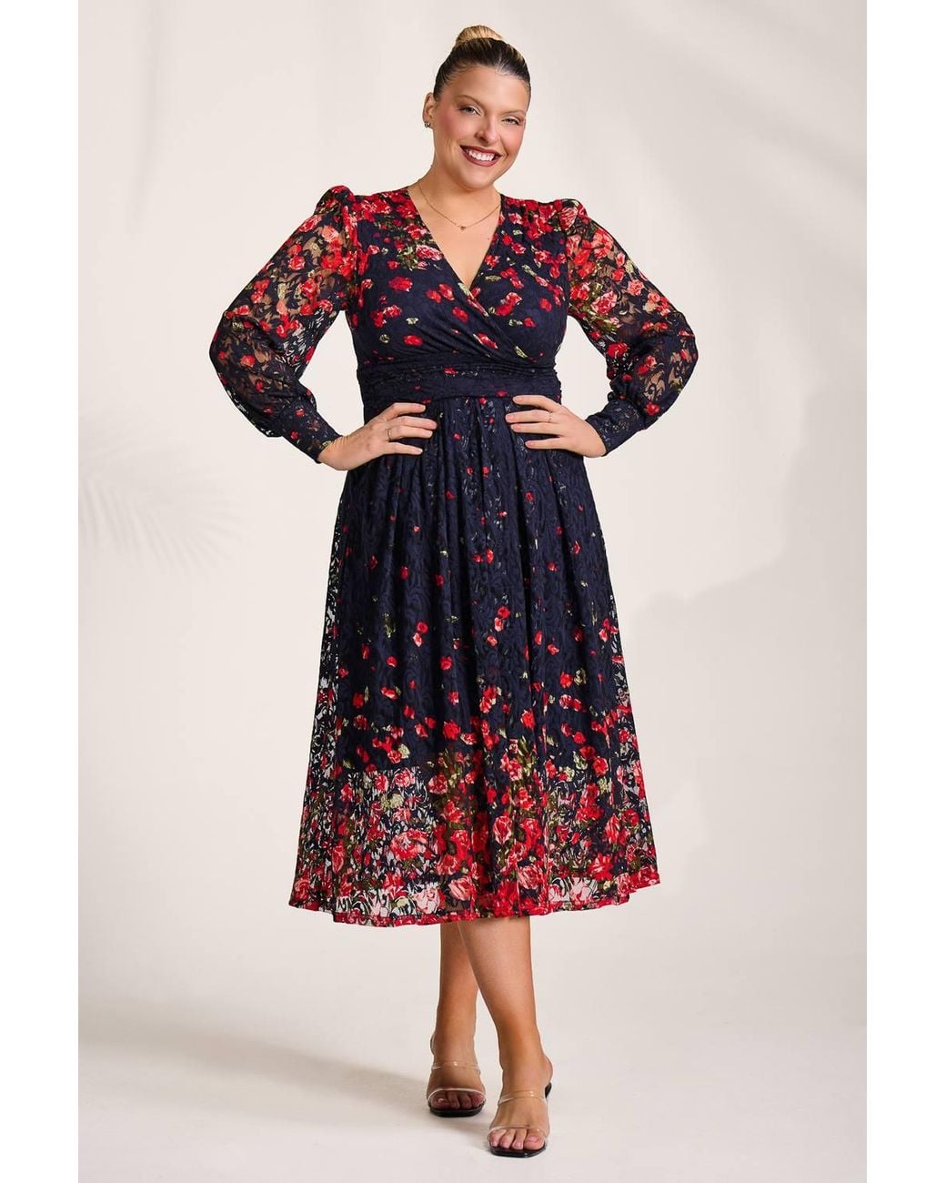Jolie Moi Red Long Sleeve Printed Lace Maxi Dress