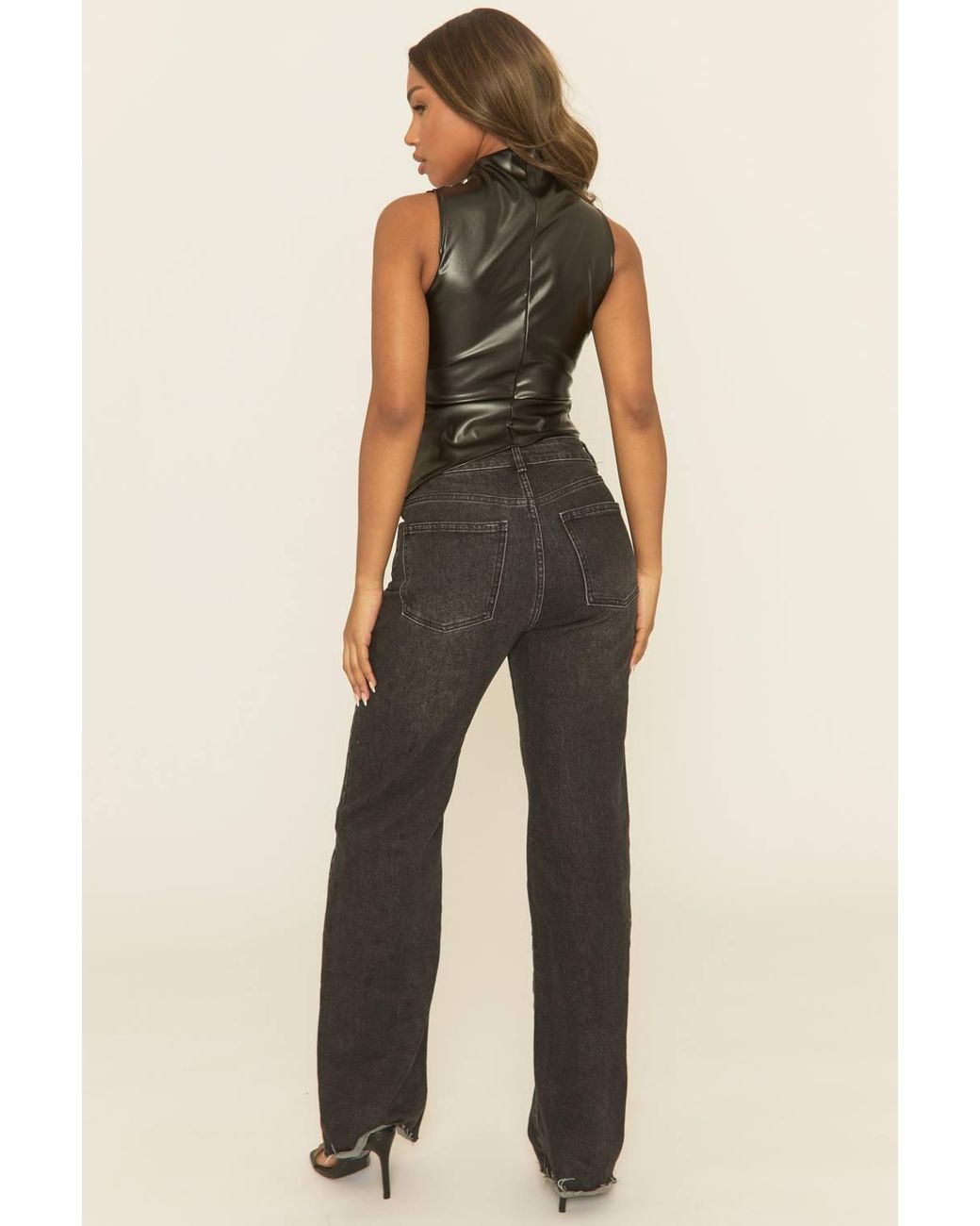 Rebellious Fashion Black Faux Leather Ruched Top