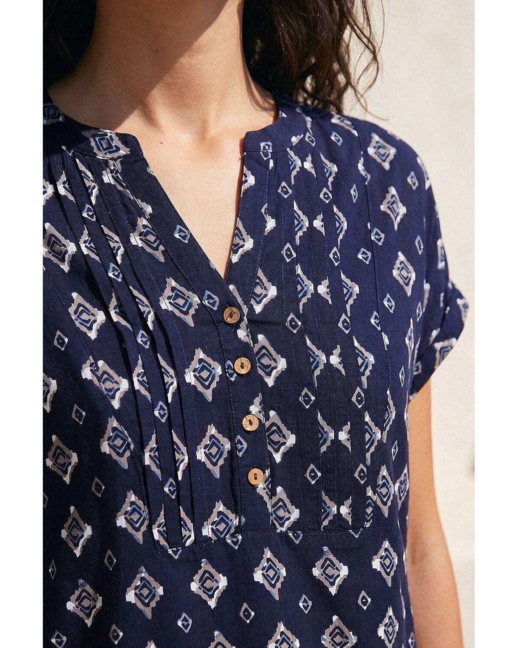 Roman Blue Aztec Print Button V-Neck Detail Top