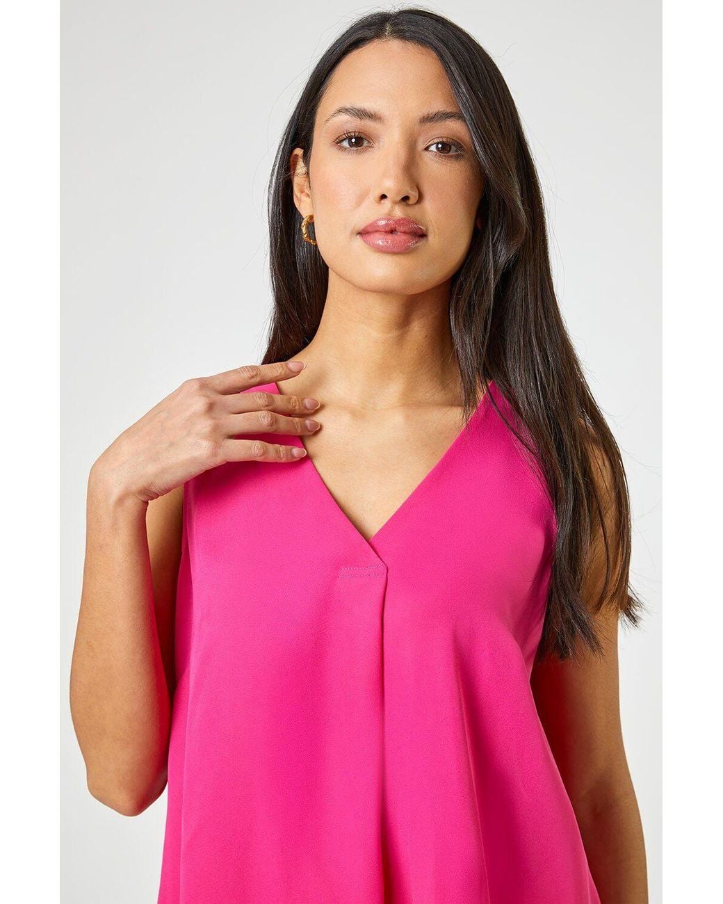 Roman Pink V-Neck Sleeveless Vest Pleat Top
