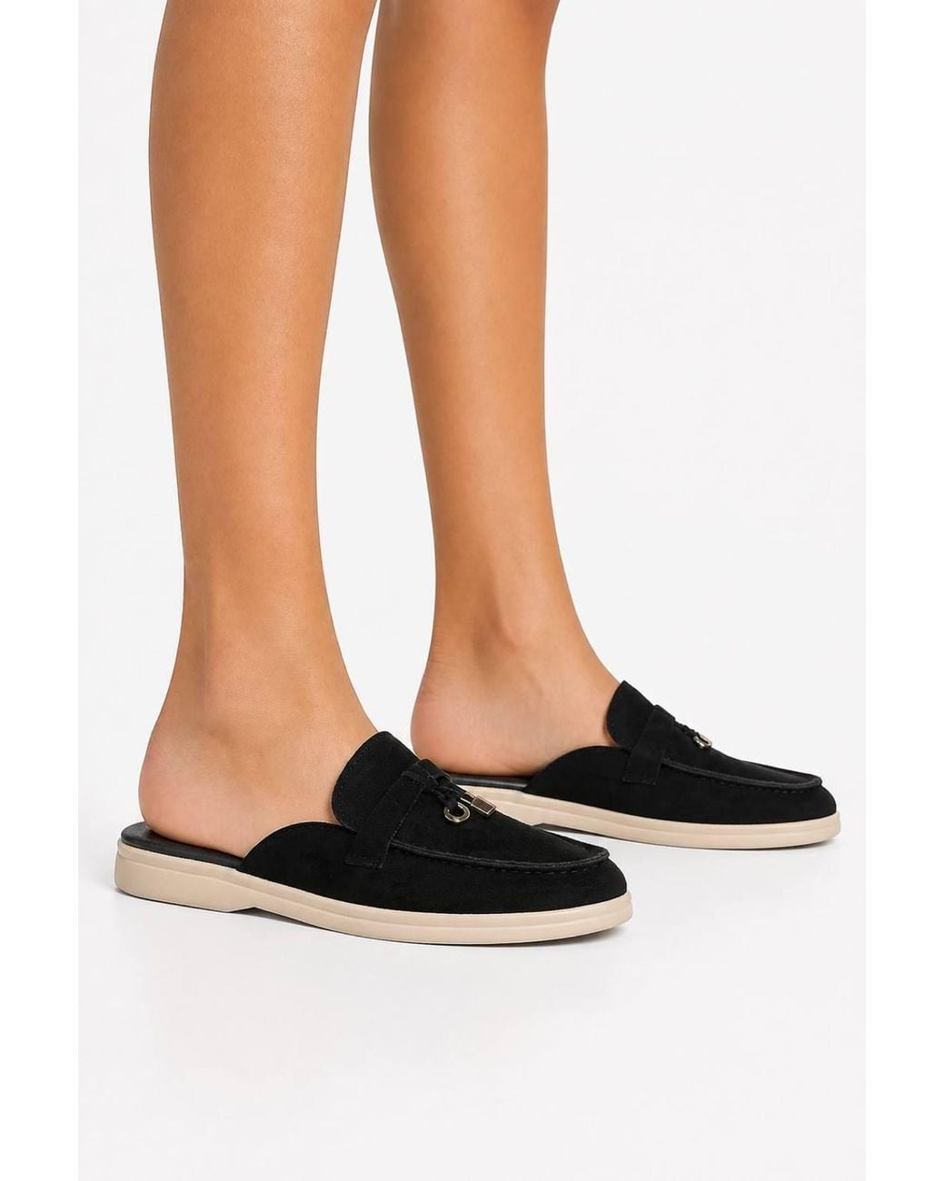 Miss Diva Black Adaloria Padlock Charm Backless Flat Loafers