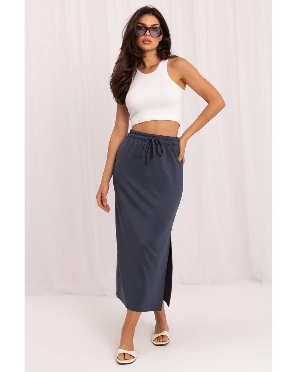 Love Lace Blue Everyday Viscose Knitted Skirt With Slit