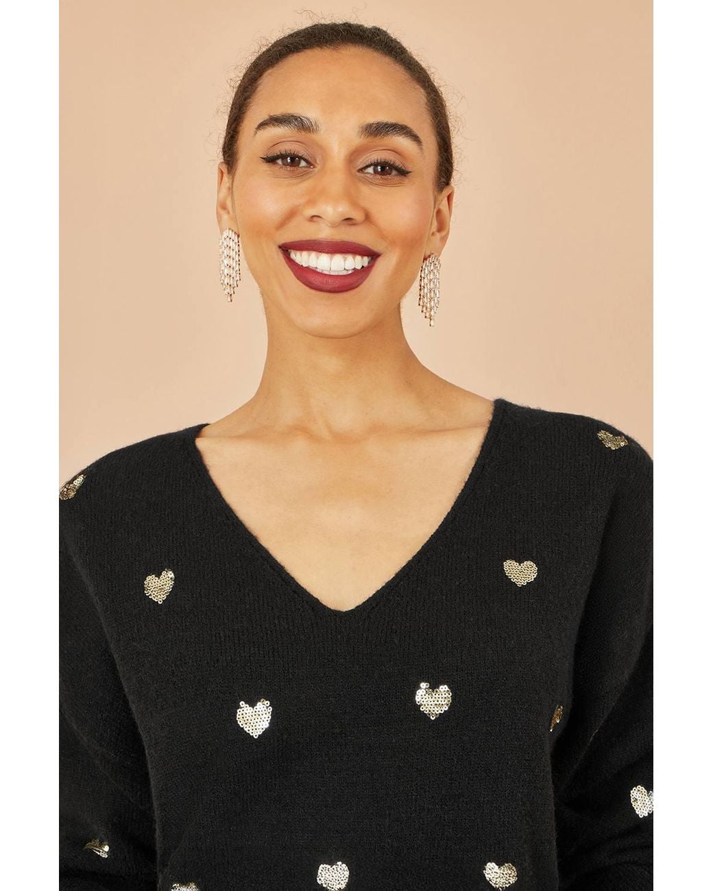 Yumi' Black Sequin Heart V Neck Jumper