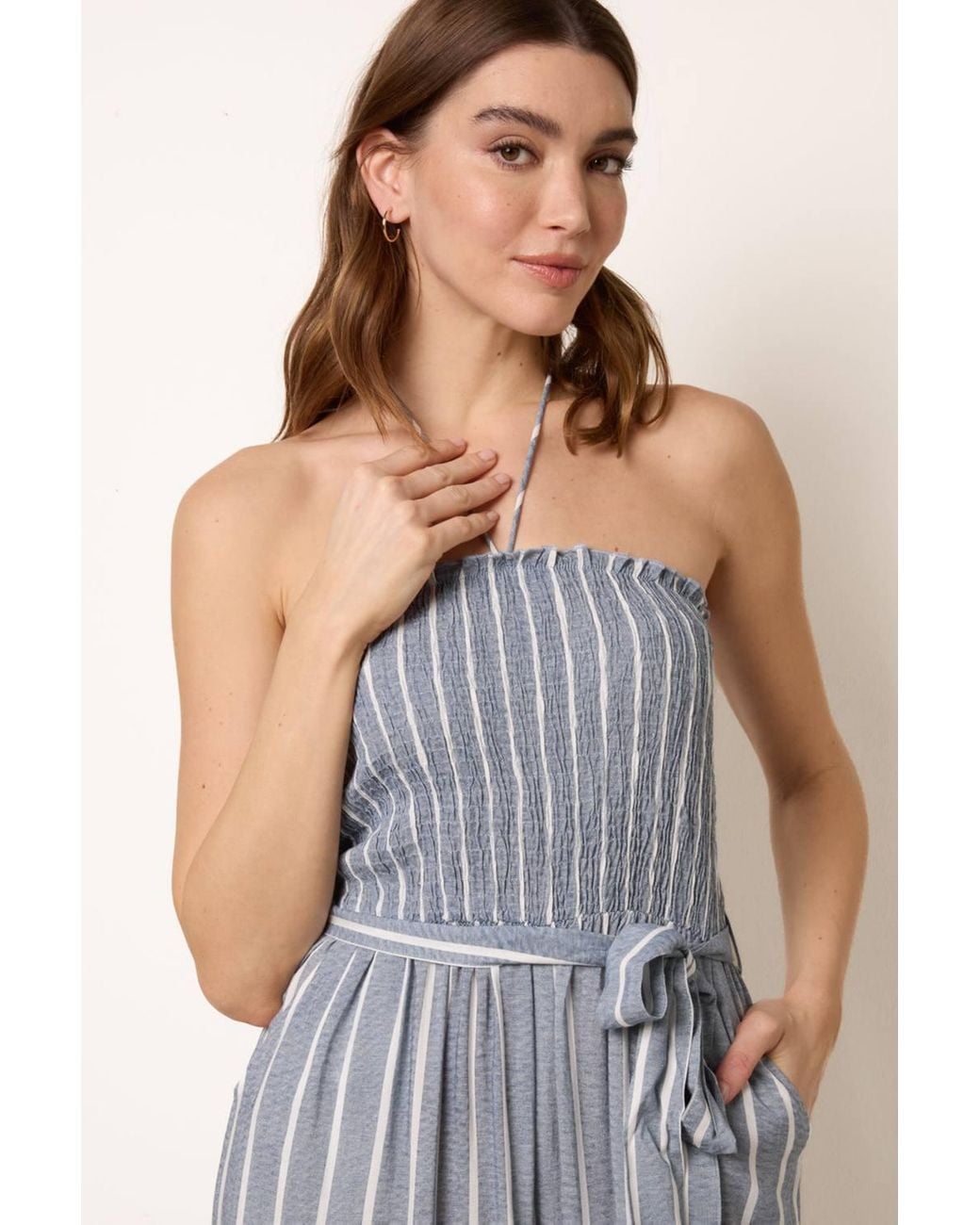 Blue Vanilla Gray Shirred Waist Sleeveless Belted Bardot Jumpsuit