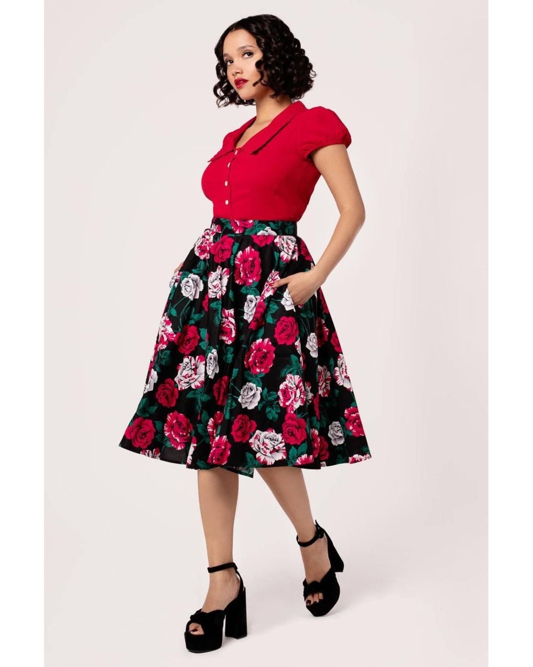 Hell Bunny Red Paint Me Roses Midi Skirt