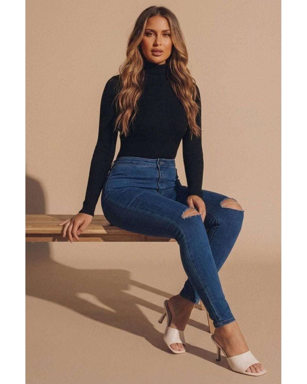Femme Luxe Blue High Waisted Skinny Jeans With Rip Detail