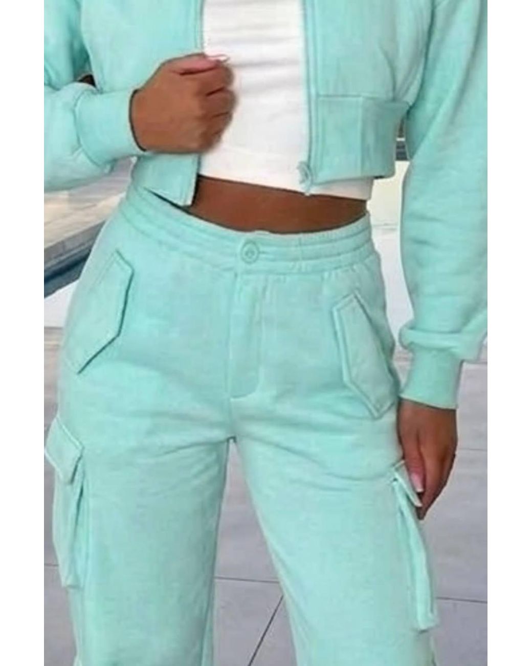 Stylewise Blue Cropped Zip Sweatshirt & Cargo Trouser Tracksuit Co-Ord