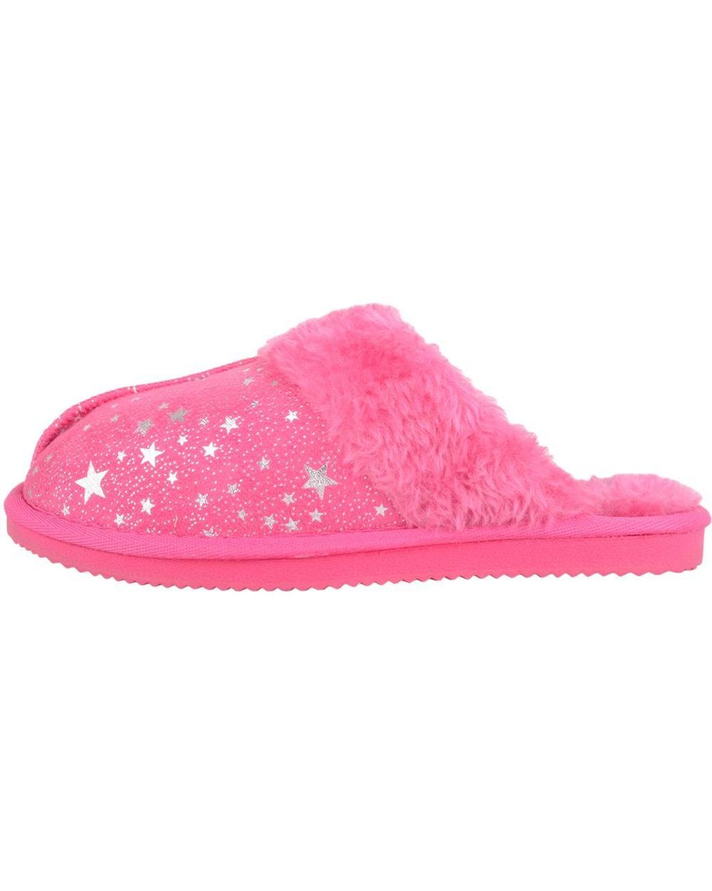 Absolute Footwear Pink Childrens Slip On Open Back Faux Fur Mule Slippers With Star Design