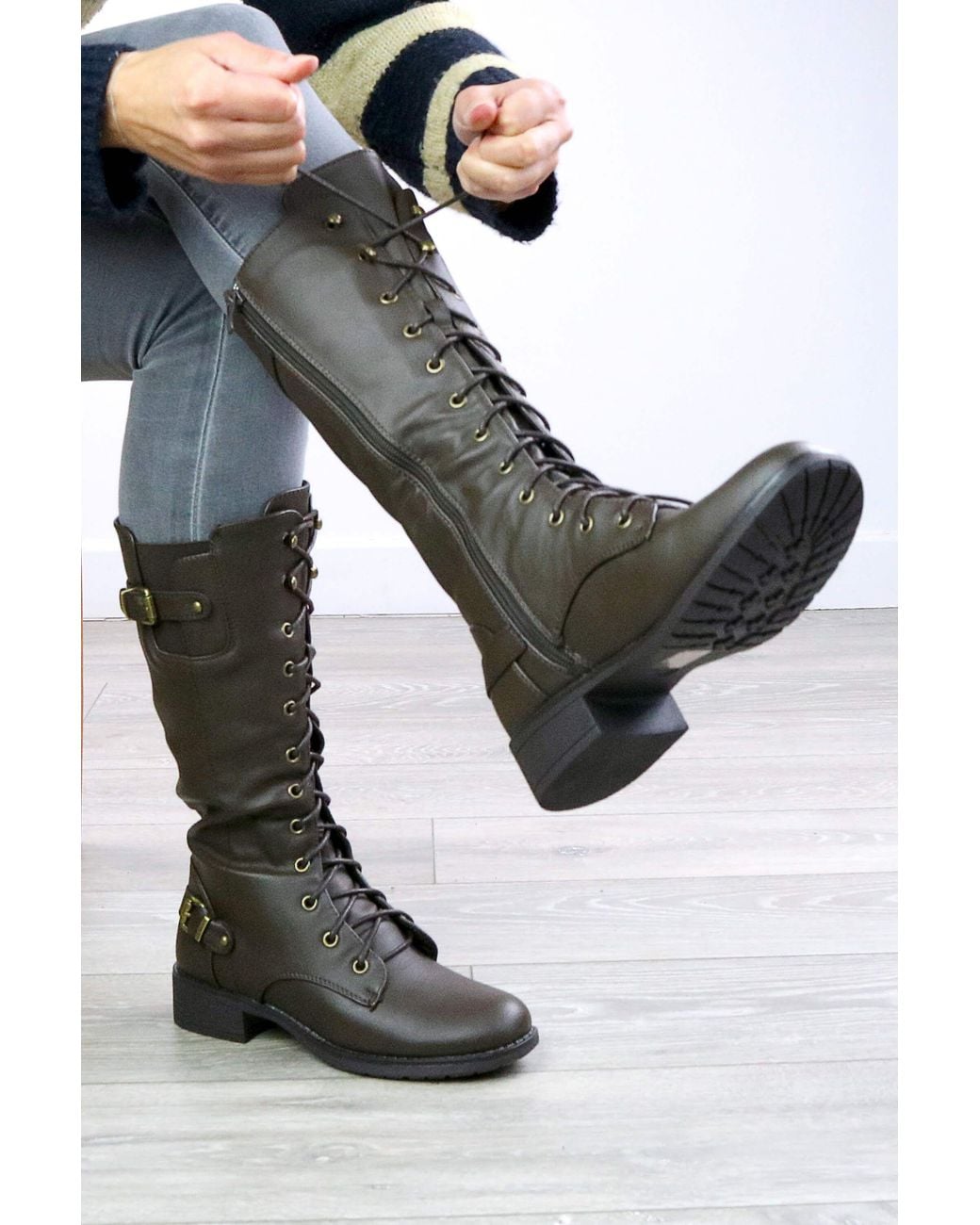 AJVANI Gray Lace Up Military Combat Biker Style Calf Boots