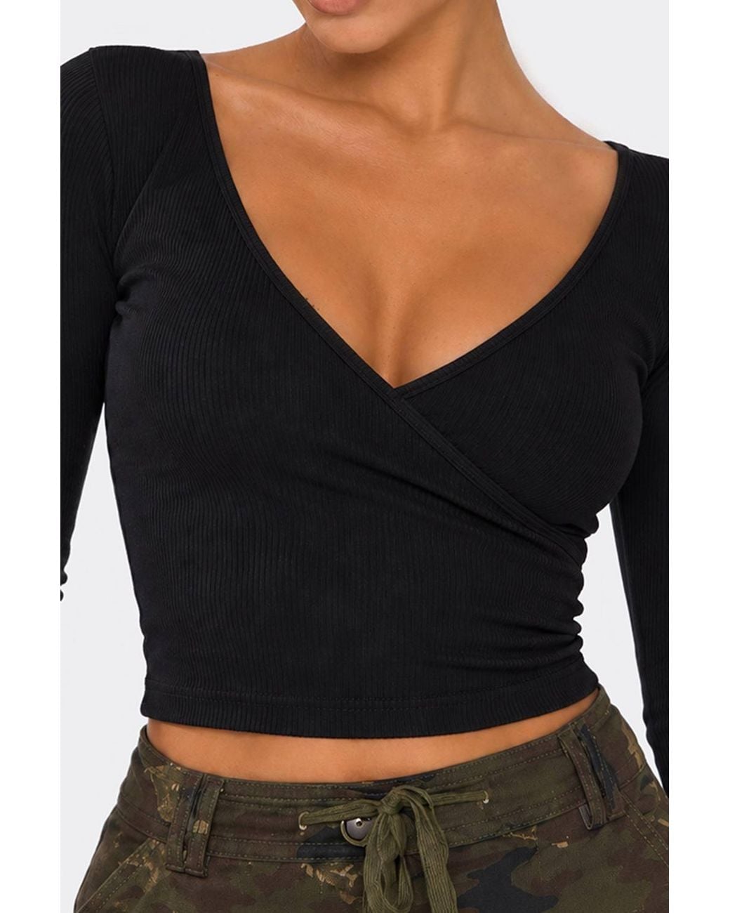 EGO Black Long Sleeve Plunging Neckline Ribbed Top