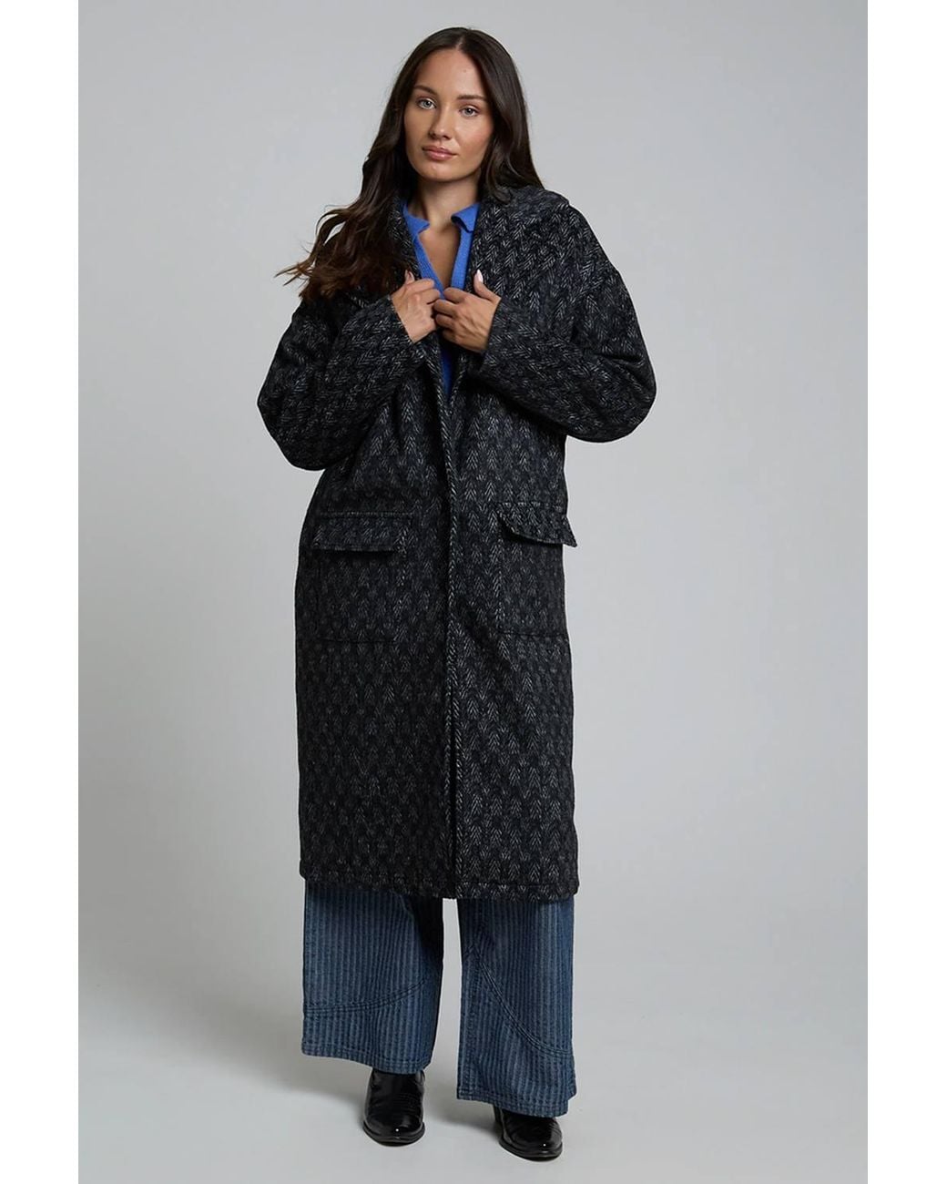 Wednesday's Girl Black Textured Oversized Longline Button Coat