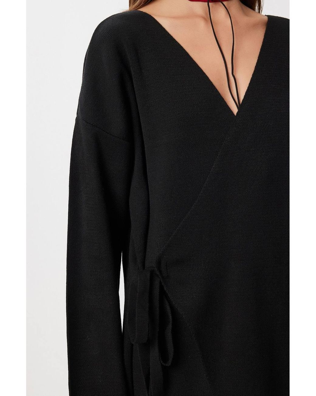 Happiness İstanbul Black Oversized Tie Detail V-Neck Knitwear Two-Piece Set