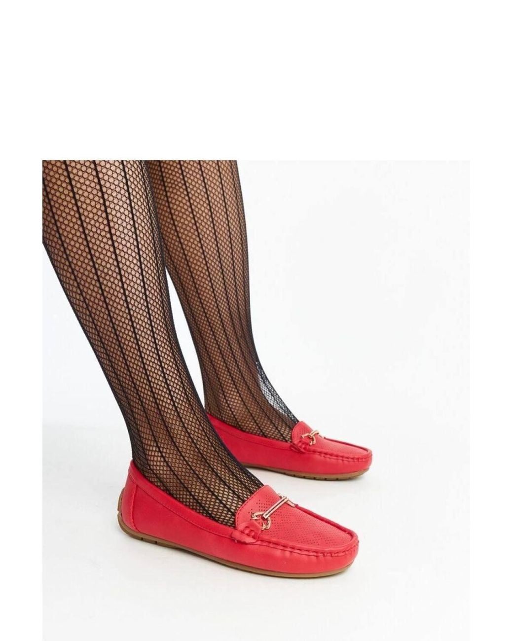 Love Lace Red Moccasin Slip On Flats With Drative Buckle & Rhinestones