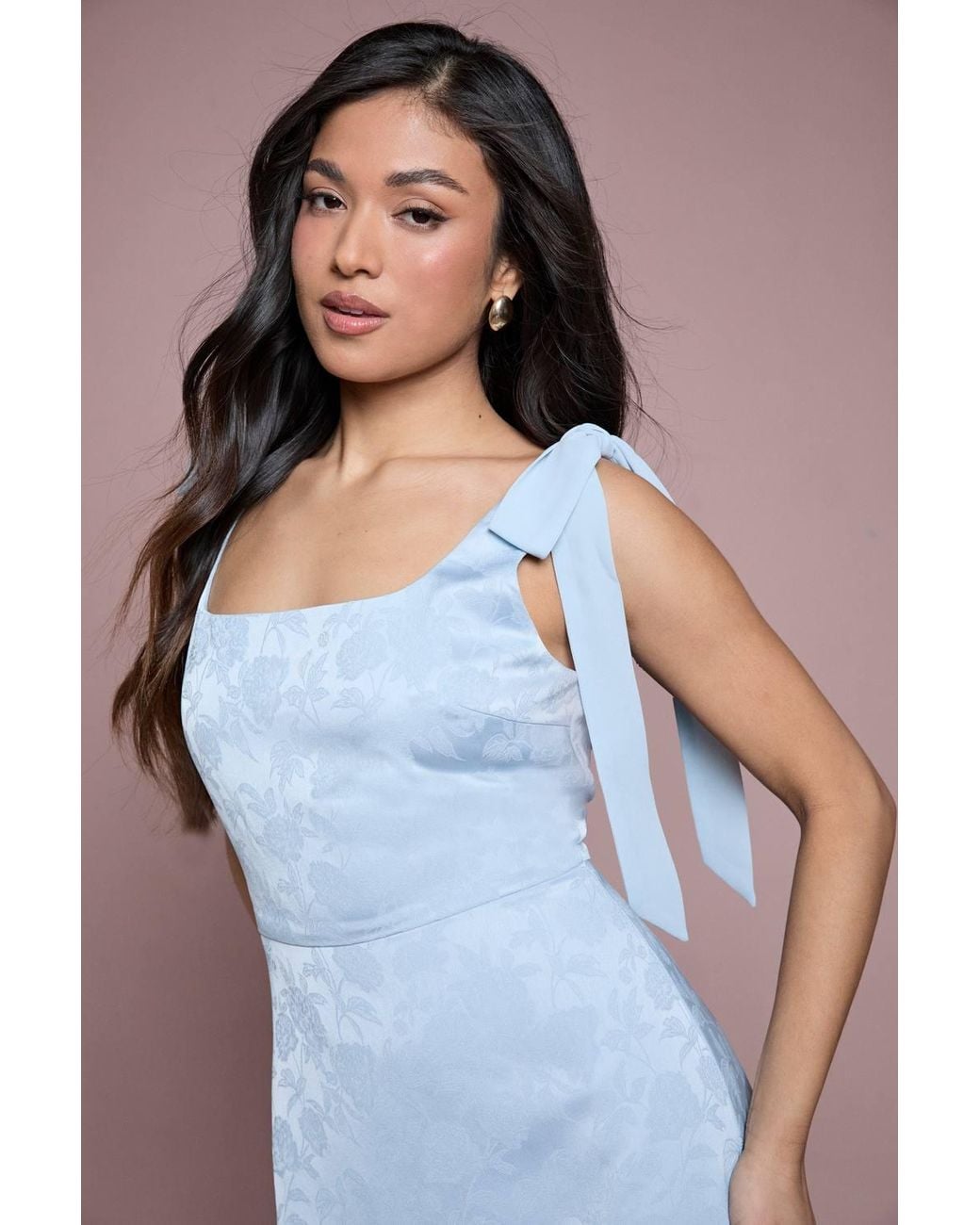 Oasis Blue Petite Square Neck Chiffon Tie Shoulder Satin Jacquard Bridesmaid Maxi Dress