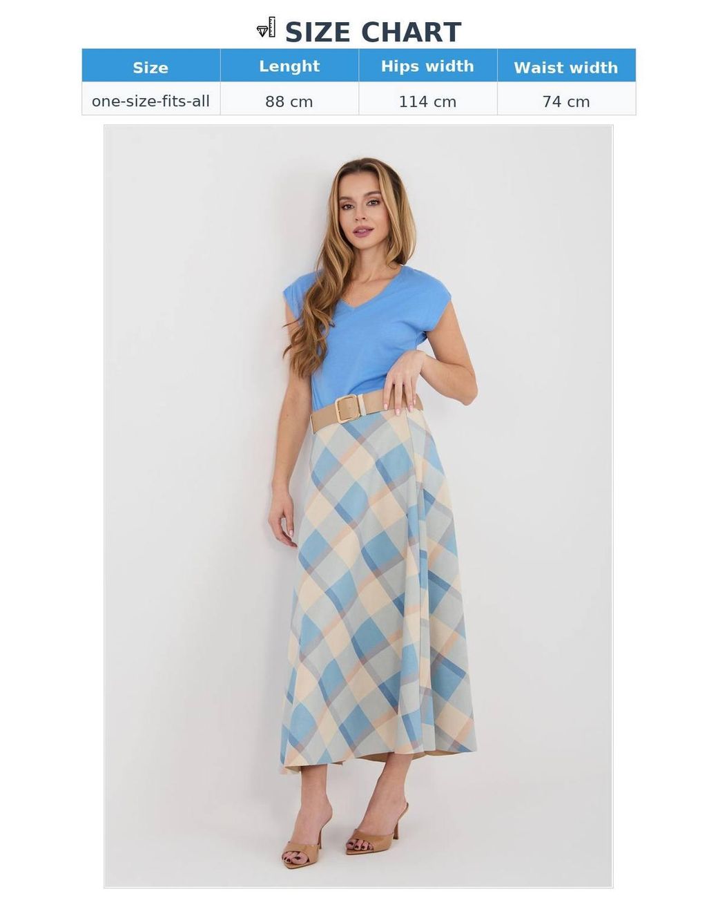 Love Lace Blue Classic Check Flared Maxi Skirt With Belt