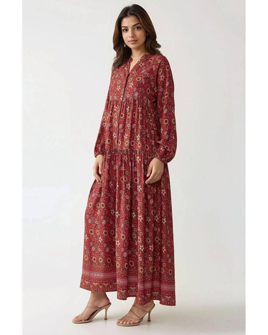 Hiccup Red Printed V-Neck Maxi Dress With Buttons