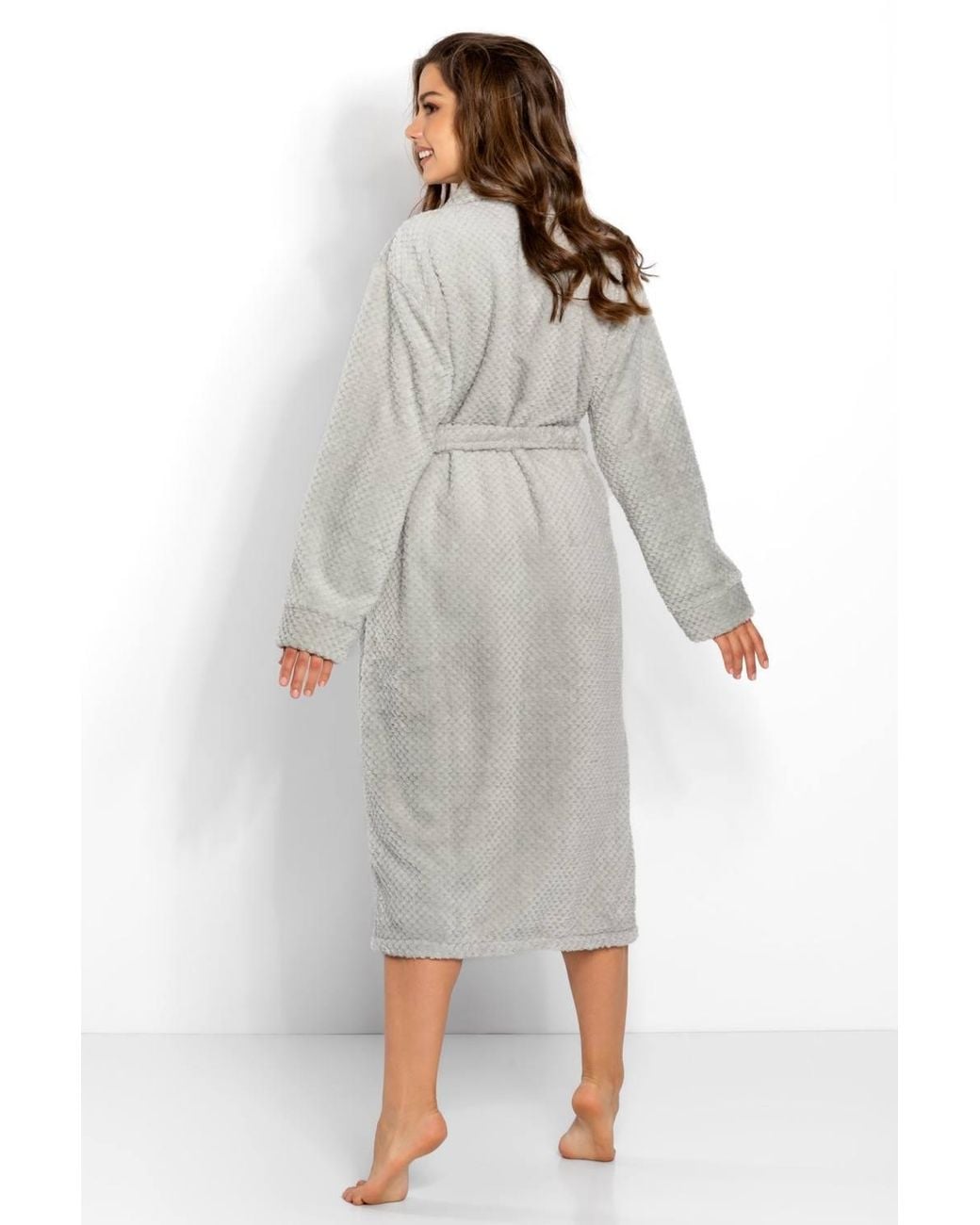 KDMD Gray Long Shawl Collar Knit Bathrobe With Pockets