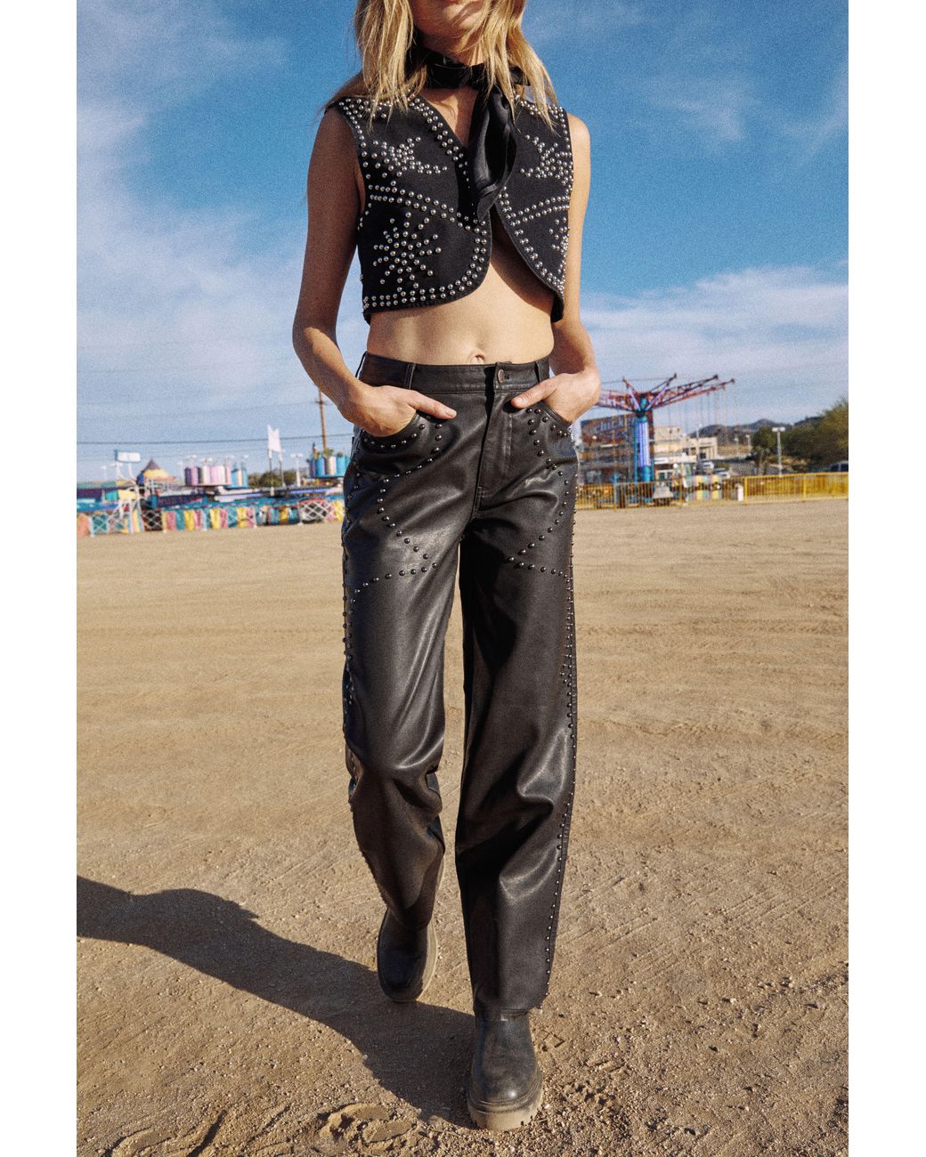 Nasty Gal Natural Faux Leather Studded Straight Leg Trouser