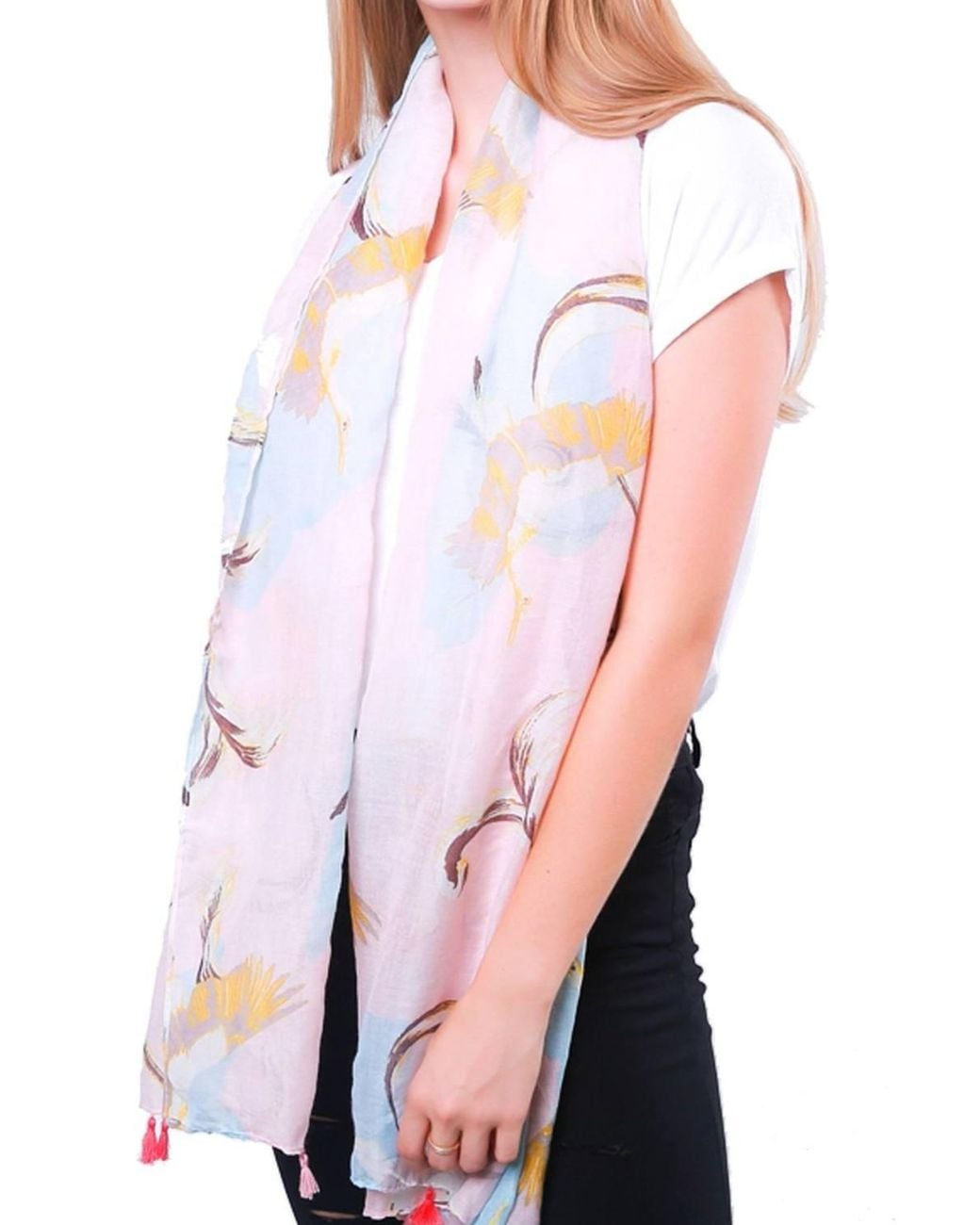 SARTA Pink Crane Bird Tasselled Lightweight Scarf