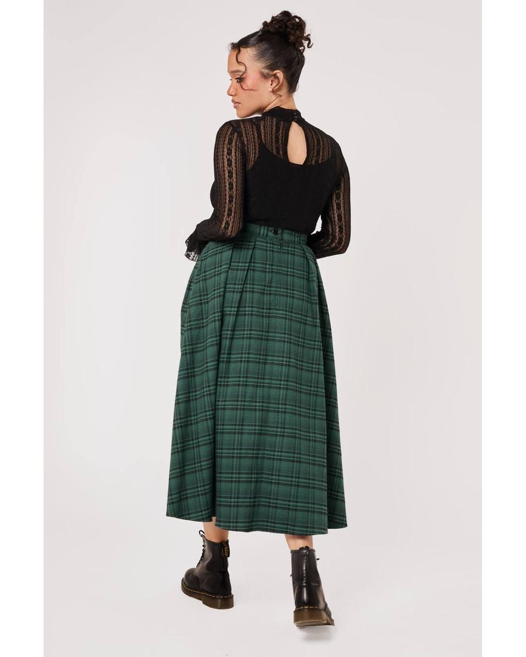 Hell Bunny Green Eden Tartan Faux Leather Strap Midi Skirt
