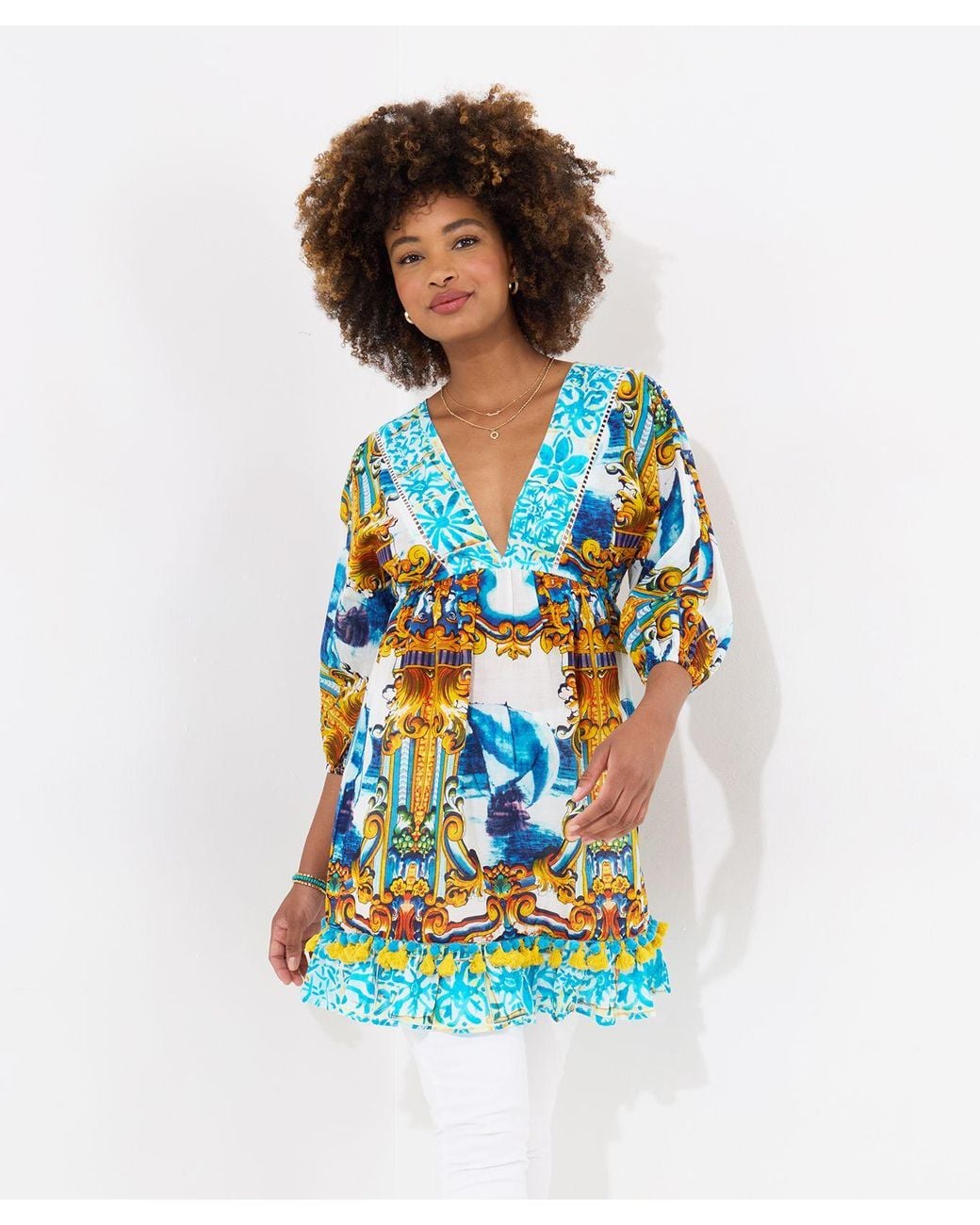 Joe Browns Blue Ship Print Pom-Pom Trim Tunic