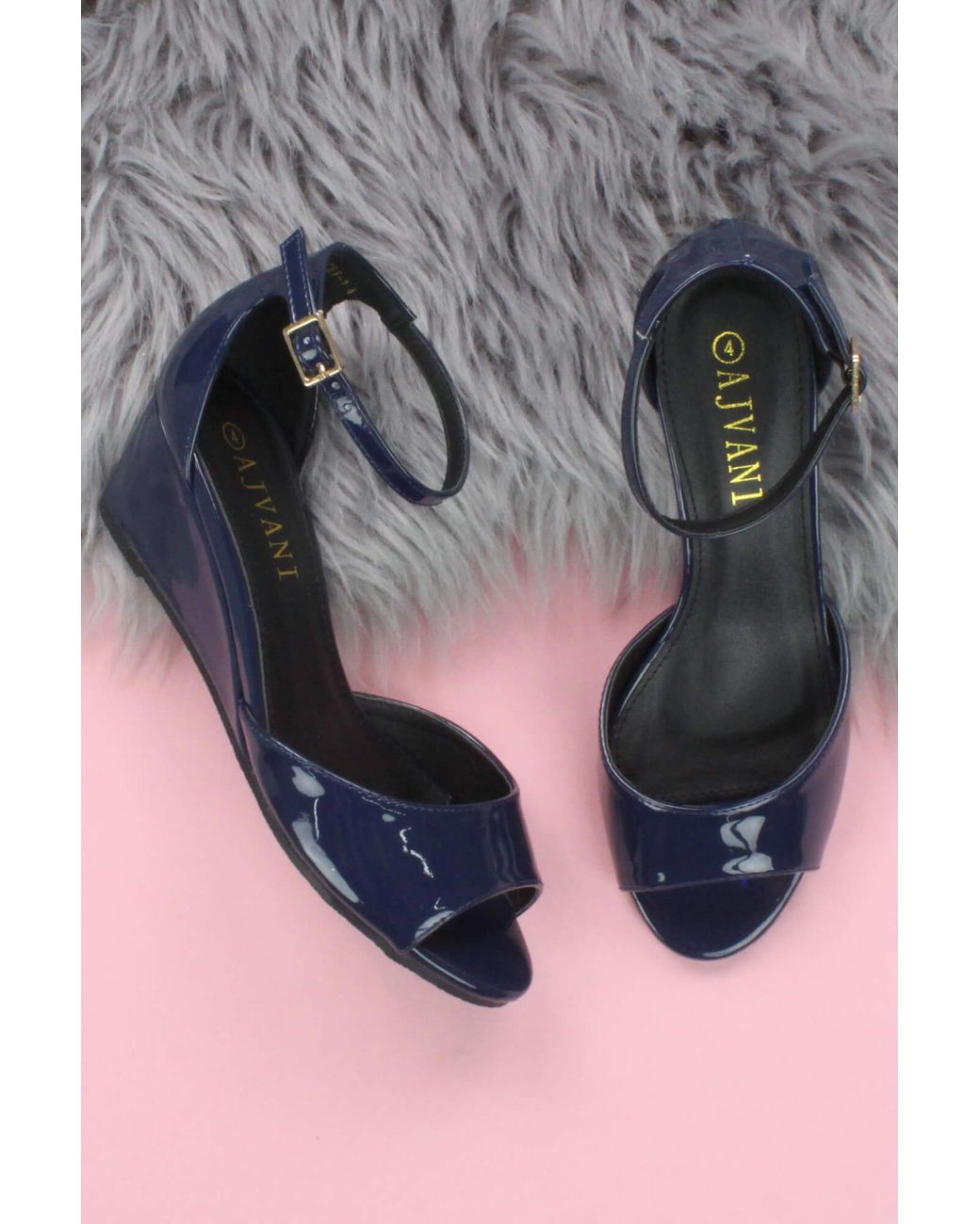 AJVANI Black Mid Wedge Heel Ankle Strap Sandals
