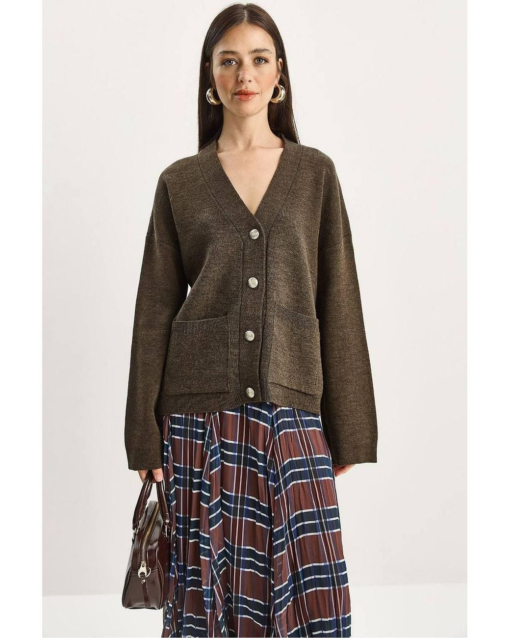 Bianco Lucci Brown Thick Ribbed V-Neck Cardigan With Button Closure