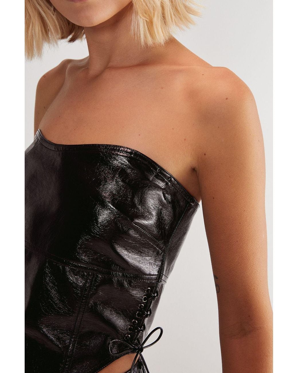Nasty Gal Black Distressed Vinyl Lace Side Corset Bandeau Top