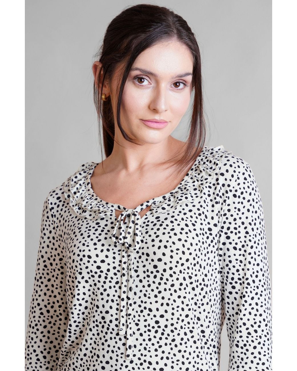 Enorsia Gray Polka Dot Prints Frill Neck Jersey Blouse