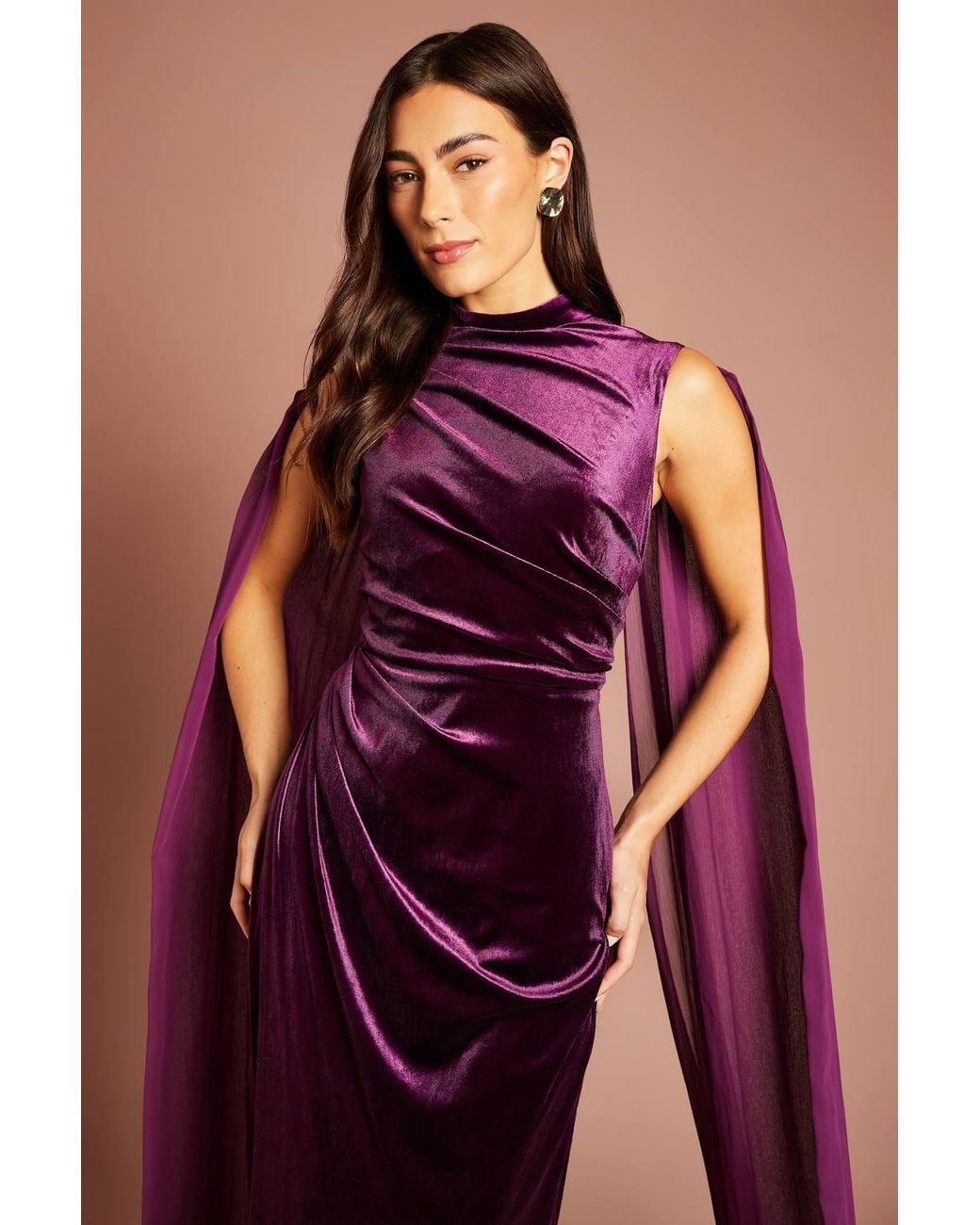 Coast Purple High Neck Velvet Maxi Dress With Chiffon Cape Sleeve