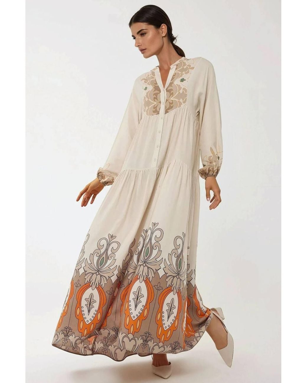 Hiccup Natural Printed Long Sleeve Viscose Maxi Dress