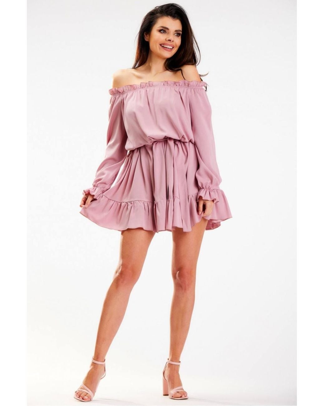 Love Lace Pink Viscose Long Sleeve A-Line Dress With Ruffles