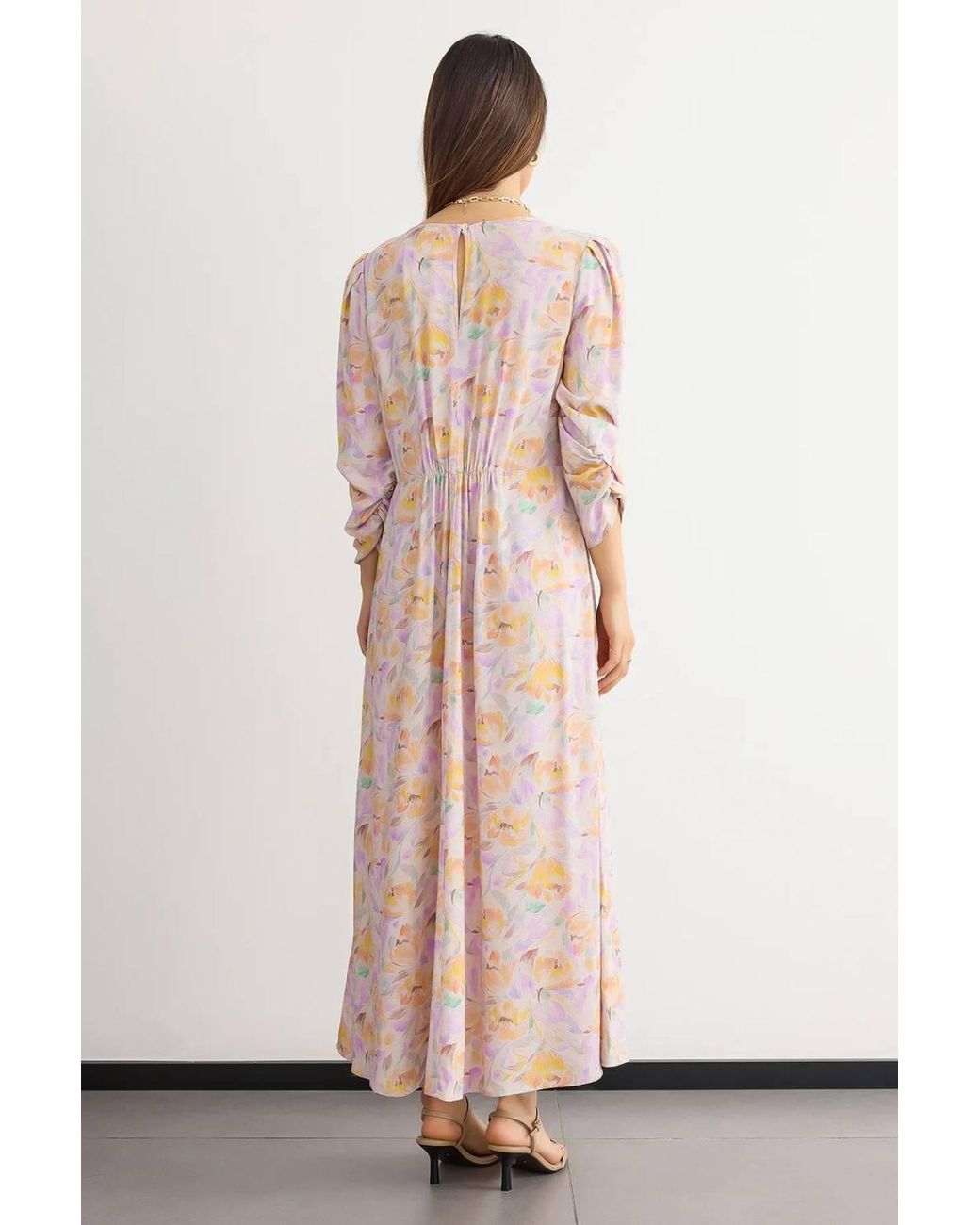 Hiccup Metallic Printed Maxi Dress With V-Neck & Ruched Back