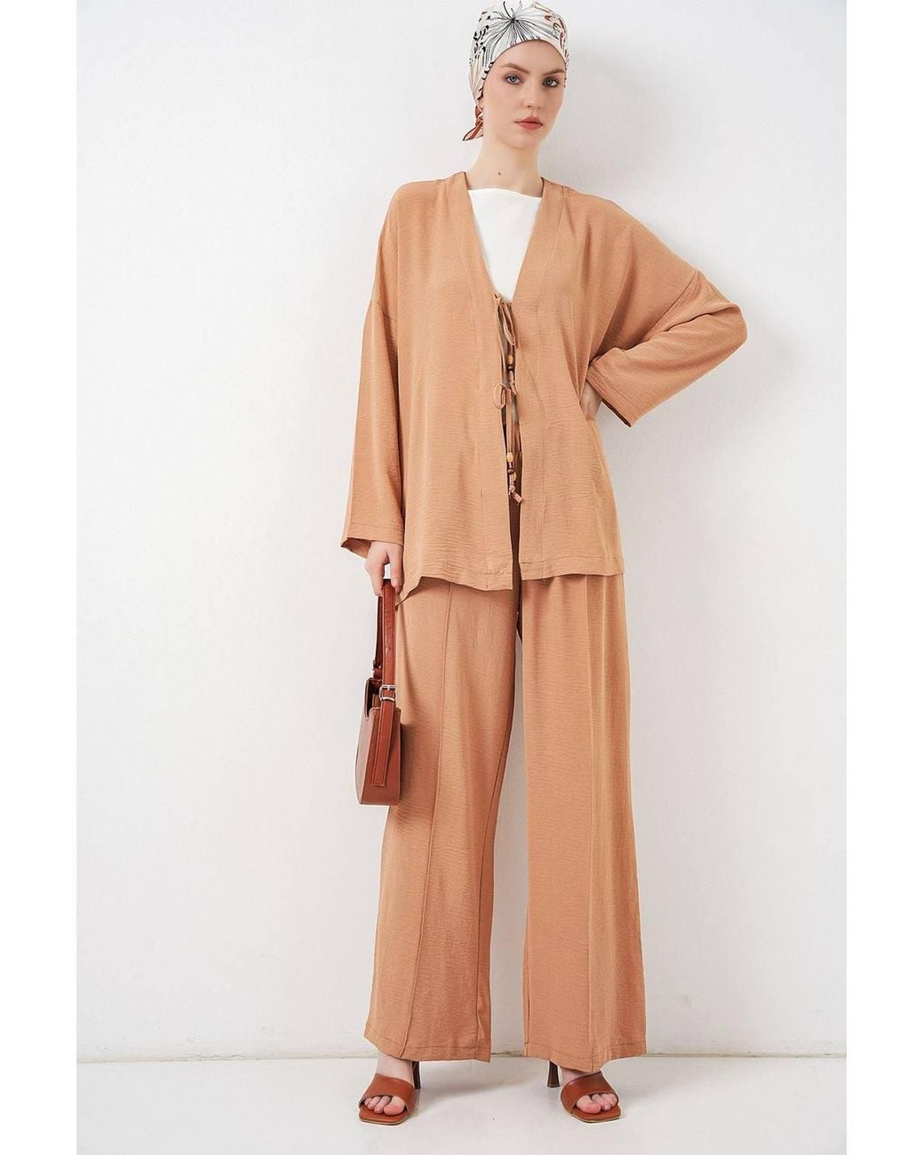 Bigdart Natural Textured V-Neck Long Cardigan & Pants Set