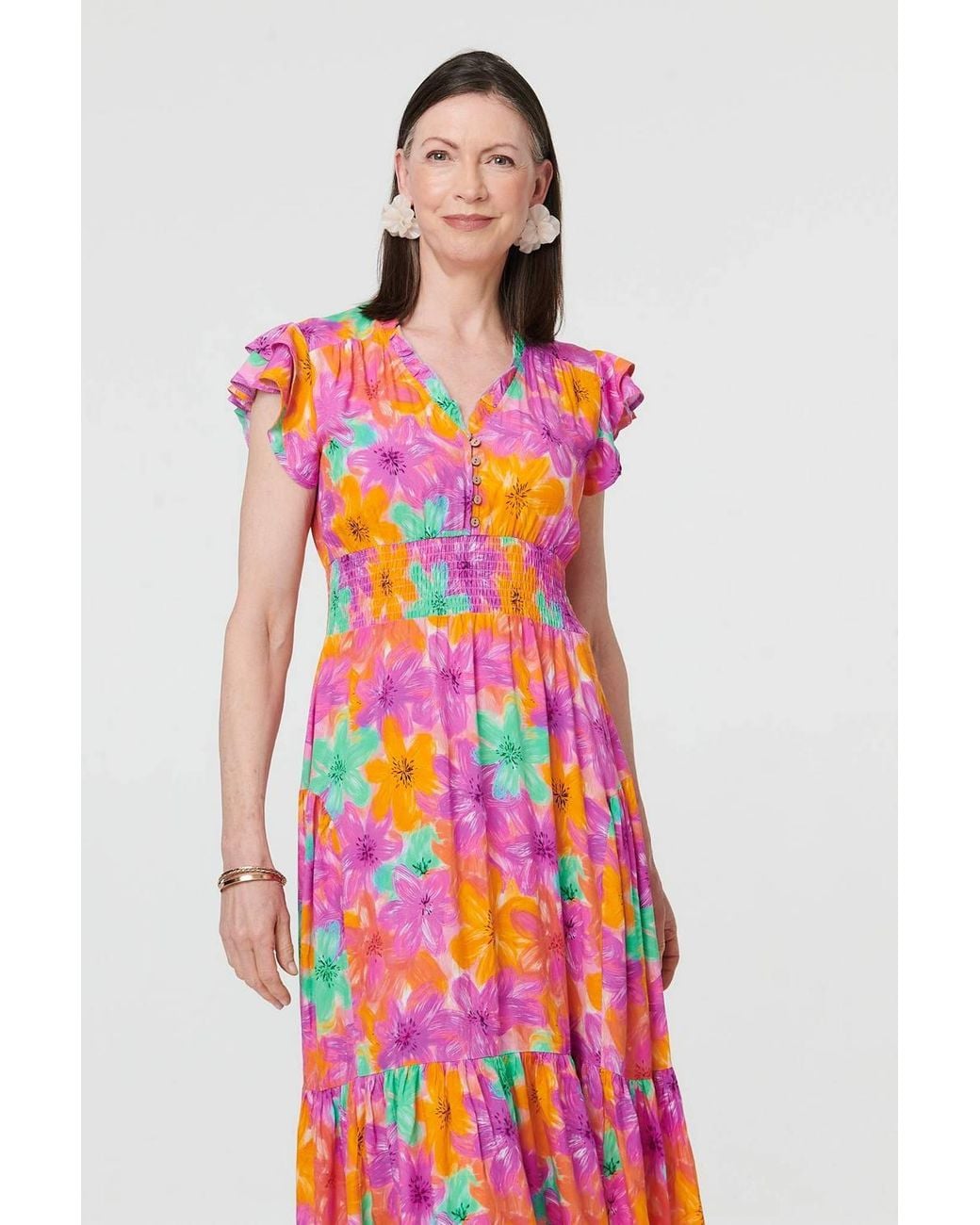 Izabel London Red Floral V-Neck Cap Sleeve Maxi Dress