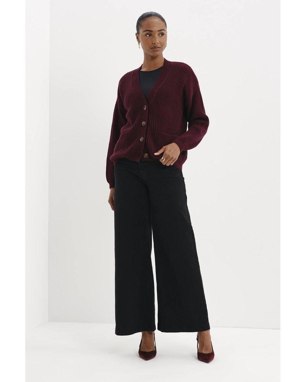 Finery London Red Estella V Neck Button Front Cardigan