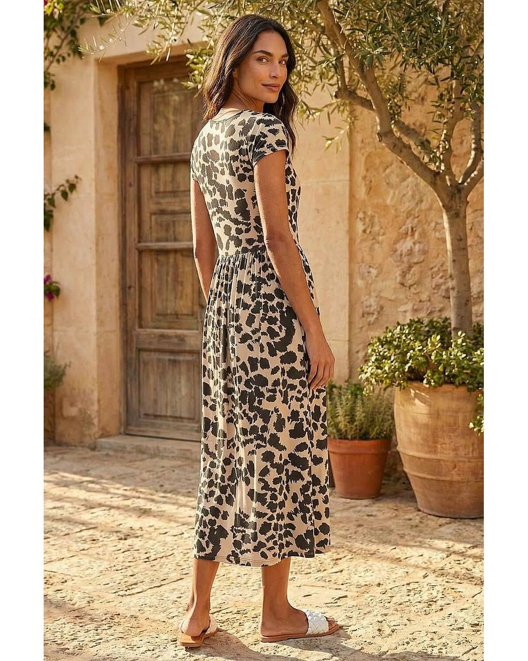 Roman Brown Abstract Print Stretch Midi Dress
