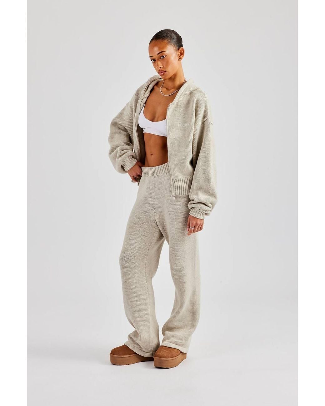 CERNUCCI Natural Knitted Embroidered Wide Leg Jogger