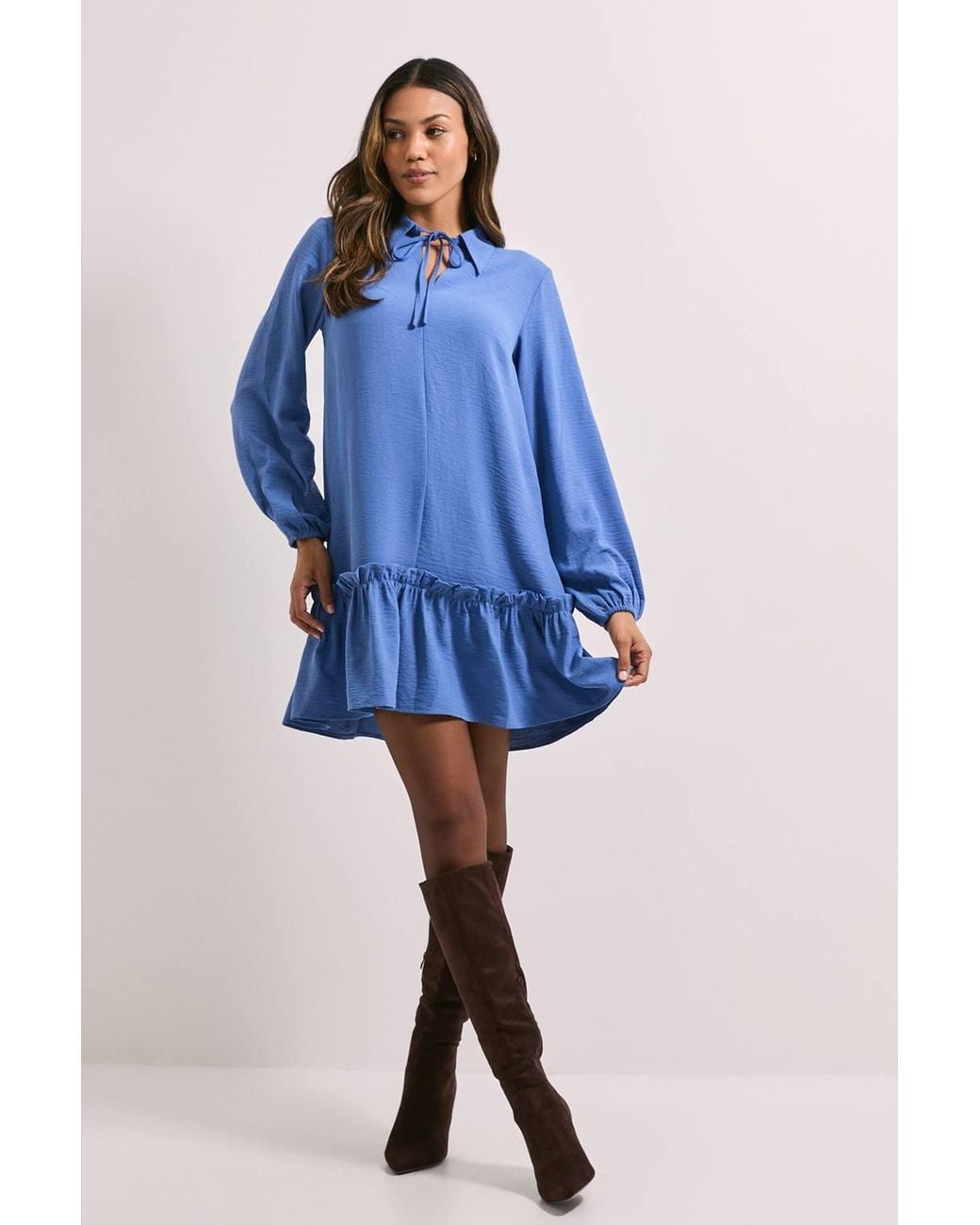 Dorothy Perkins Blue Tie Neck Collar Detail Shift Mini Dress