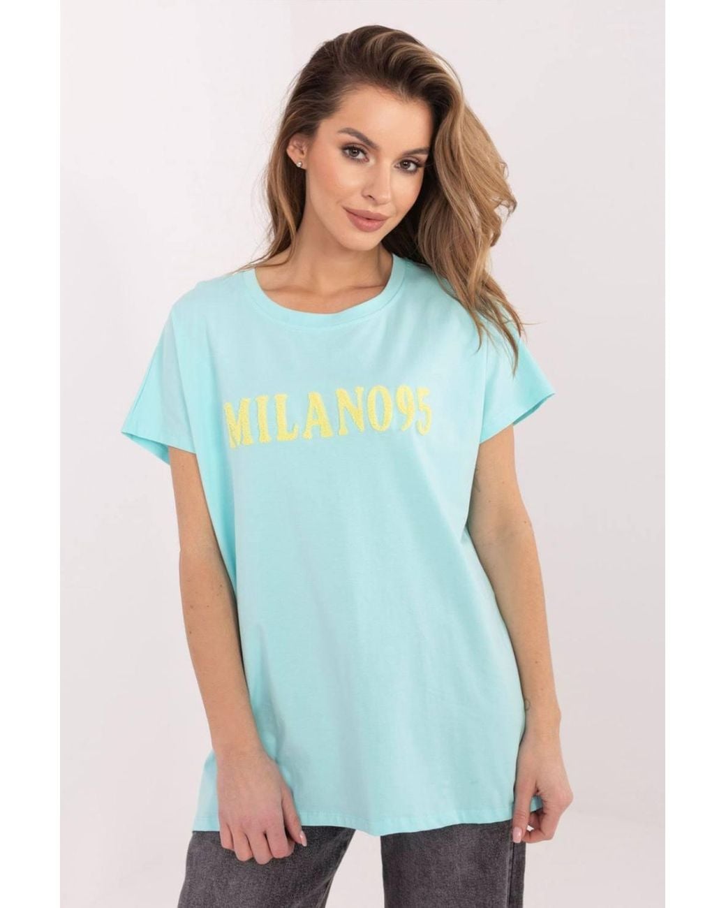 Love Lace Blue Embossed Casual Cotton T-Shirt With Slits